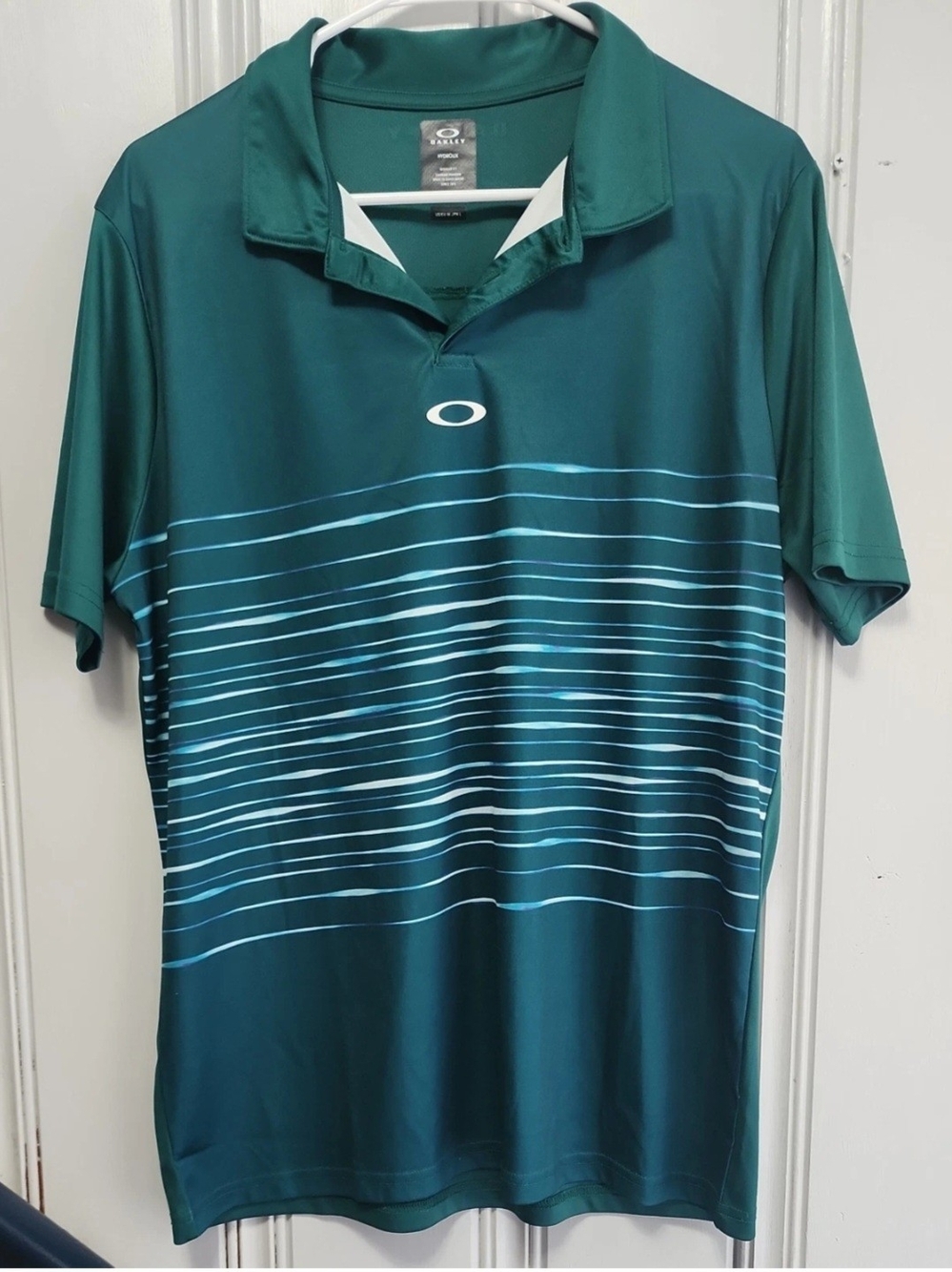 Oakley Men's Teal Hydrolix Polo with Light Blue Stripe Accents Medium
